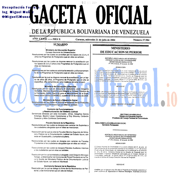 Gaceta Oficial 37984 del 21 Julio 2004