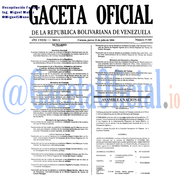 Gaceta Oficial 37985 del 22 Julio 2004