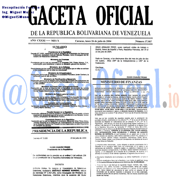 Gaceta Oficial 37987 del 26 Julio 2004