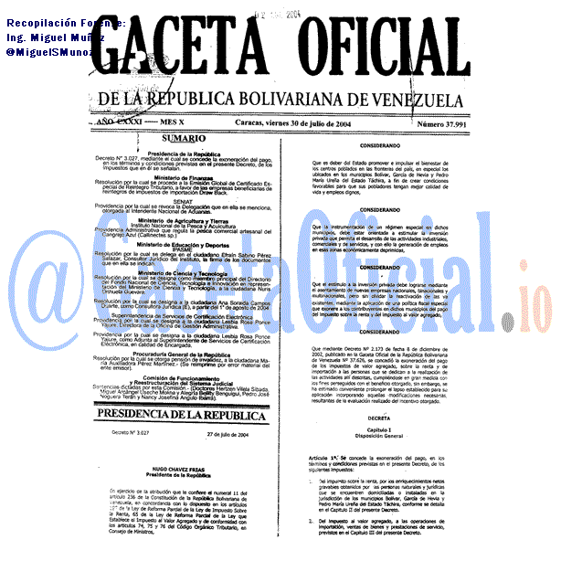 Gaceta Oficial 37991 del 30 Julio 2004
