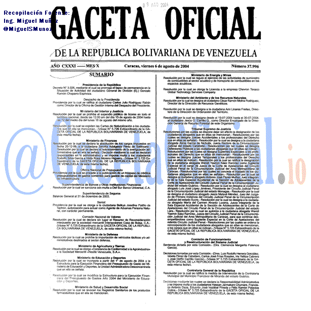 Gaceta Oficial 37996 del 6 Agosto 2004