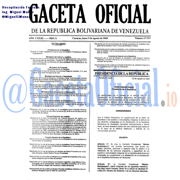 Gaceta Oficial 37997 del 9 Agosto 2004