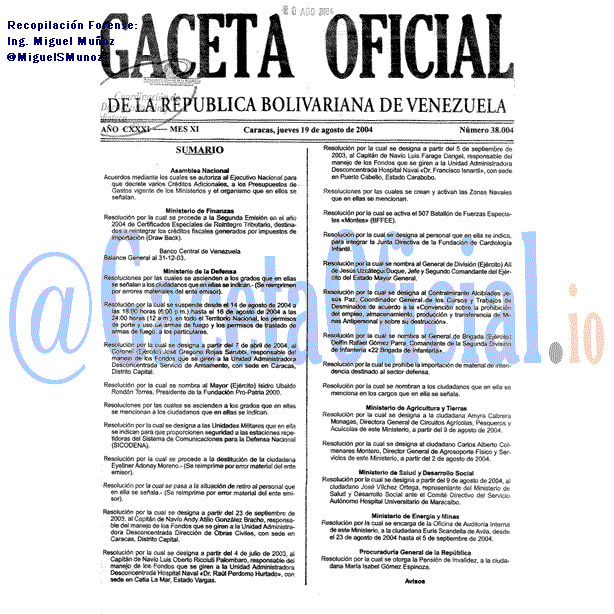 Gaceta Oficial 38004 del 19 Agosto 2004