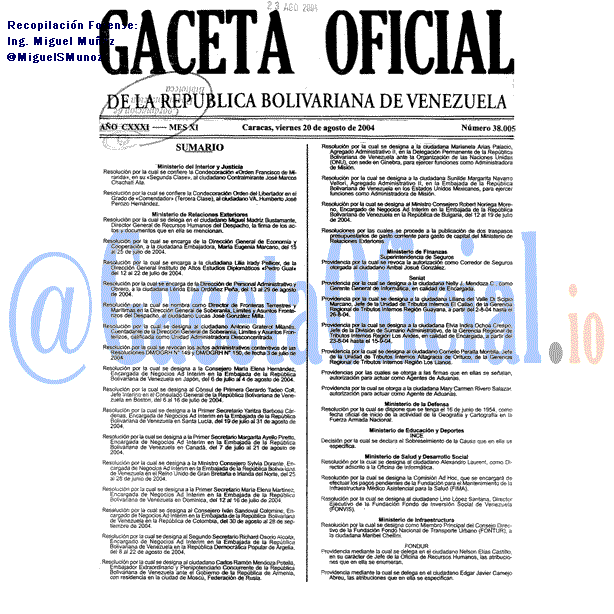 Gaceta Oficial 38005 del 20 Agosto 2004