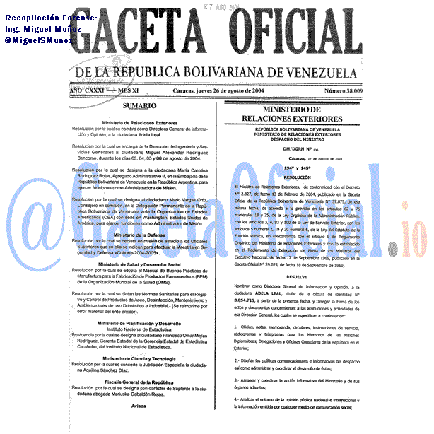 Gaceta Oficial 38009 del 26 Agosto 2004