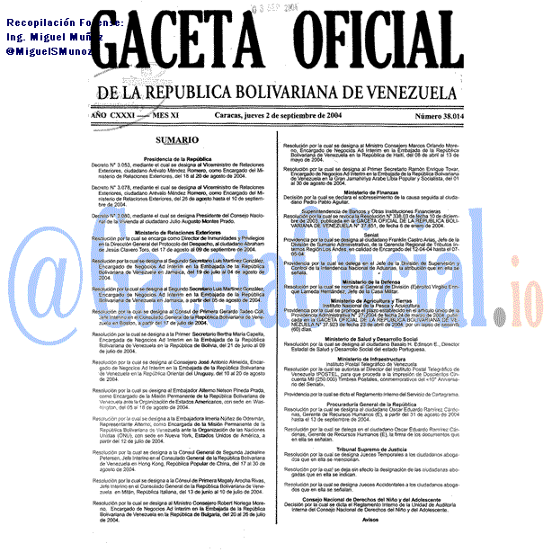 Gaceta Oficial 38014 del 2 Septiembre 2004