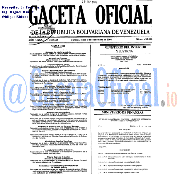 Gaceta Oficial 38016 del 6 Septiembre 2004