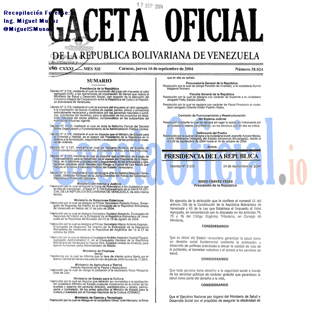 Gaceta Oficial 38024 del 16 Septiembre 2004