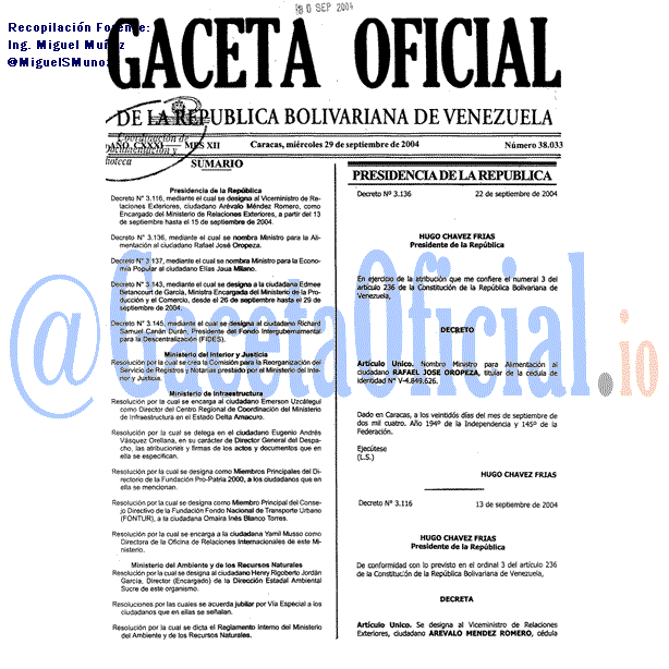 Gaceta Oficial 38033 del 29 Septiembre 2004