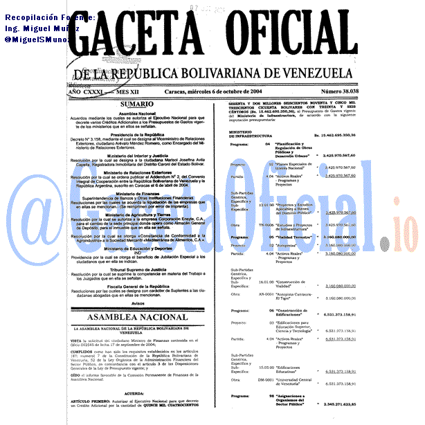 Gaceta Oficial 38038 del 6 Octubre 2004