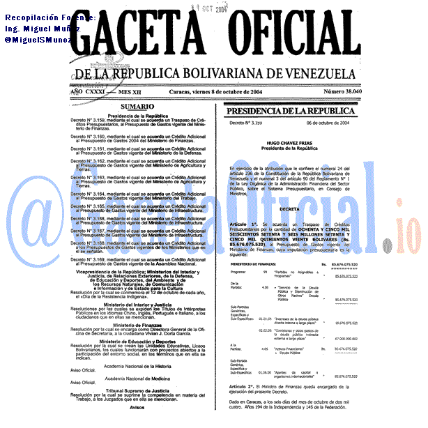 Gaceta Oficial 38040 del 8 Octubre 2004