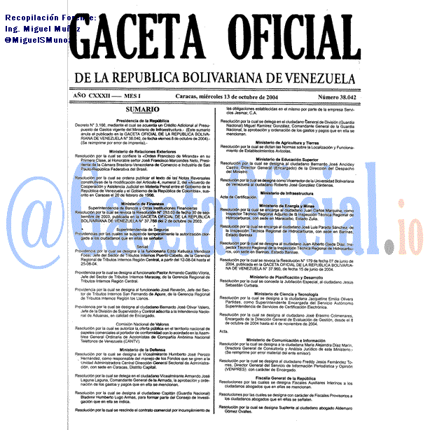 Gaceta Oficial 38042 del 13 Octubre 2004