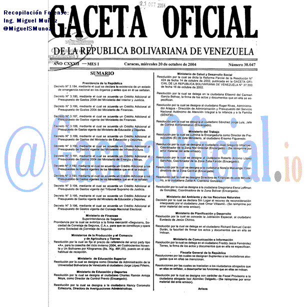 Gaceta Oficial 38047 del 20 Octubre 2004