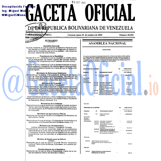 Gaceta Oficial 38050 del 25 Octubre 2004