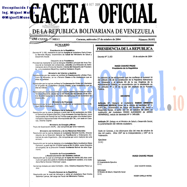 Gaceta Oficial 38052 del 27 Octubre 2004