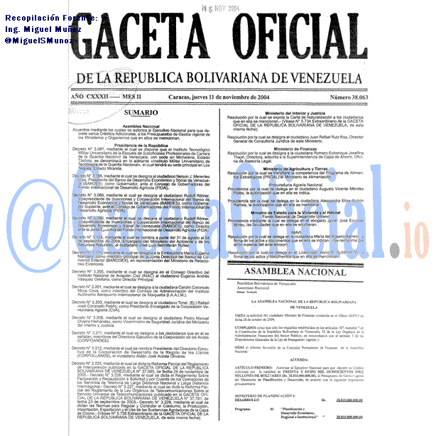 Gaceta Oficial 38063 del 11 Noviembre 2004