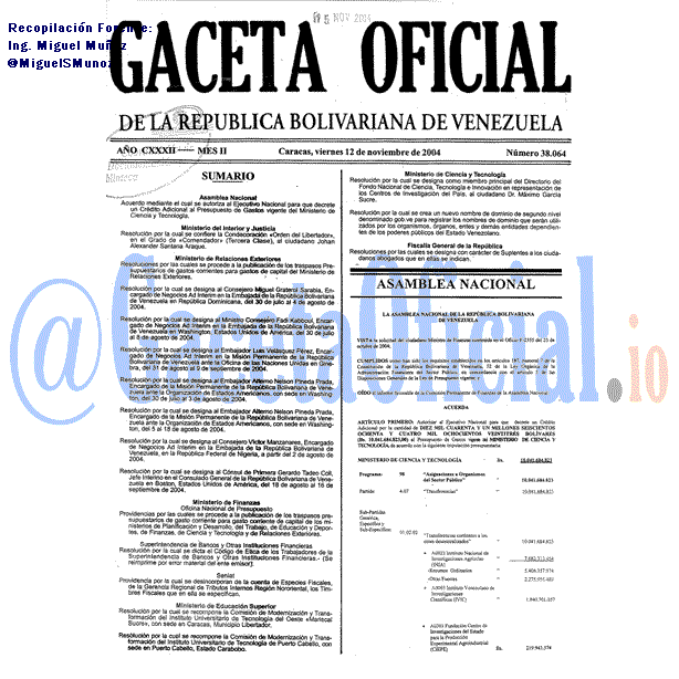 Gaceta Oficial 38064 del 12 Noviembre 2004
