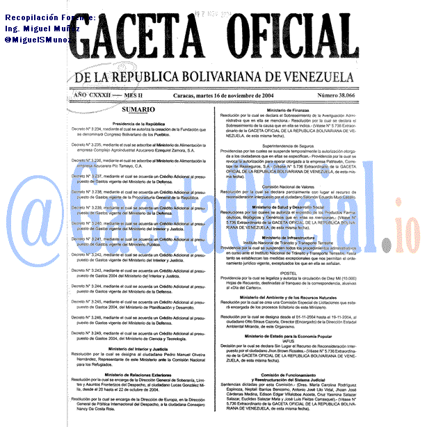 Gaceta Oficial 38066 del 16 Noviembre 2004