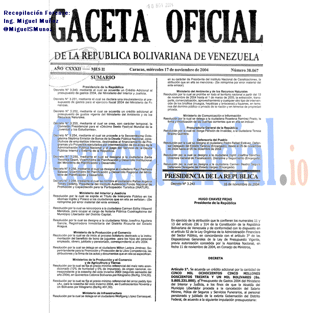Gaceta Oficial 38067 del 17 Noviembre 2004