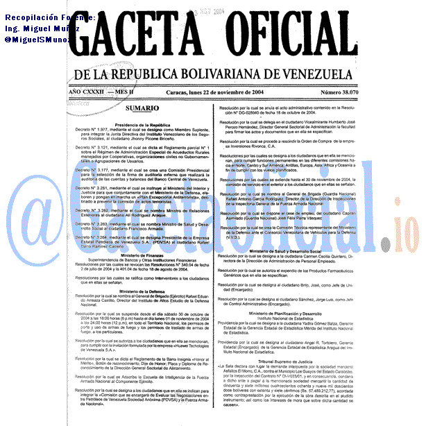 Gaceta Oficial 38070 del 22 Noviembre 2004