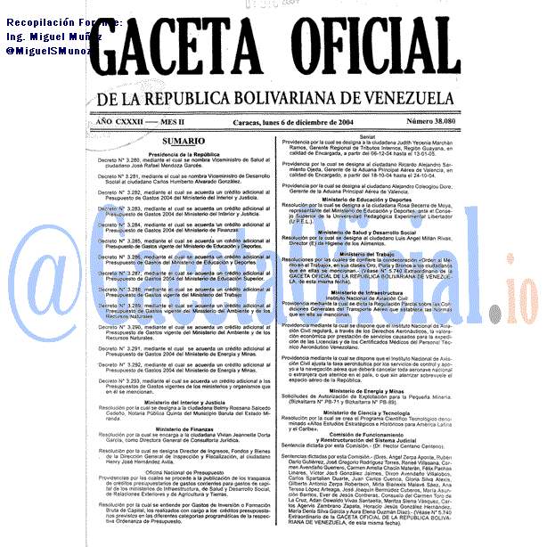 Gaceta Oficial 38080 del 6 Diciembre 2004