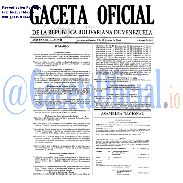 Gaceta Oficial 38082 del 8 Diciembre 2004