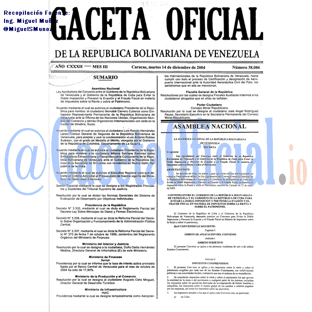 Gaceta Oficial 38086 del 14 Diciembre 2004