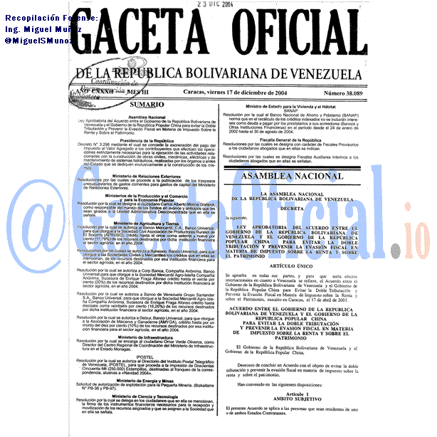 Gaceta Oficial 38089 del 17 Diciembre 2004