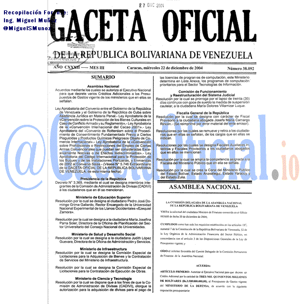 Gaceta Oficial 38092 del 22 Diciembre 2004