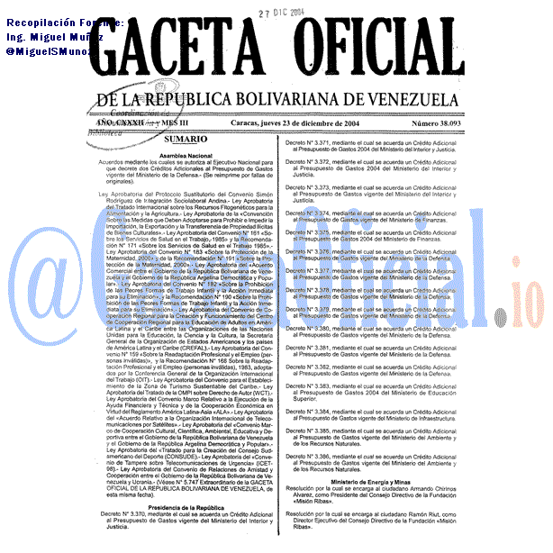 Gaceta Oficial 38093 del 23 Diciembre 2004