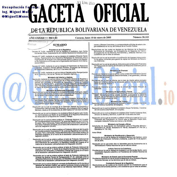 Gaceta Oficial 38103 del 10 Enero 2005