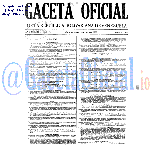 Gaceta Oficial 38106 del 13 Enero 2005