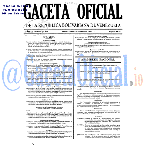 Gaceta Oficial 38112 del 21 Enero 2005
