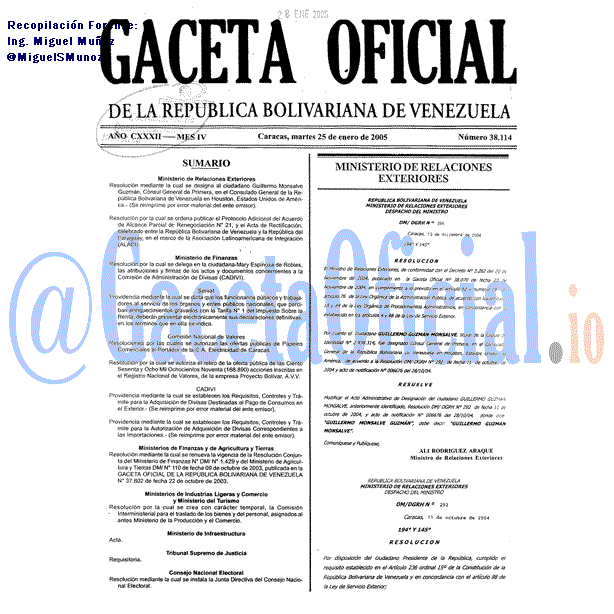 Gaceta Oficial 38114 del 25 Enero 2005