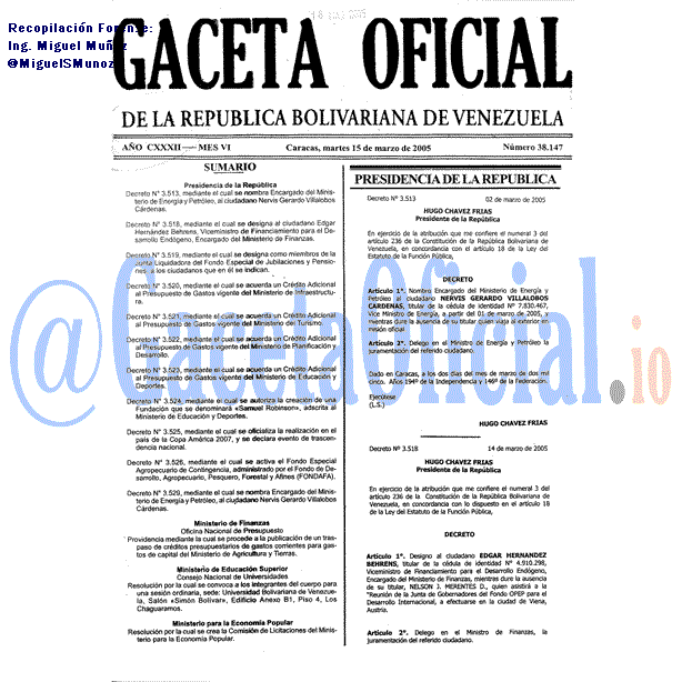 Gaceta Oficial 38147 del 15 Marzo 2005