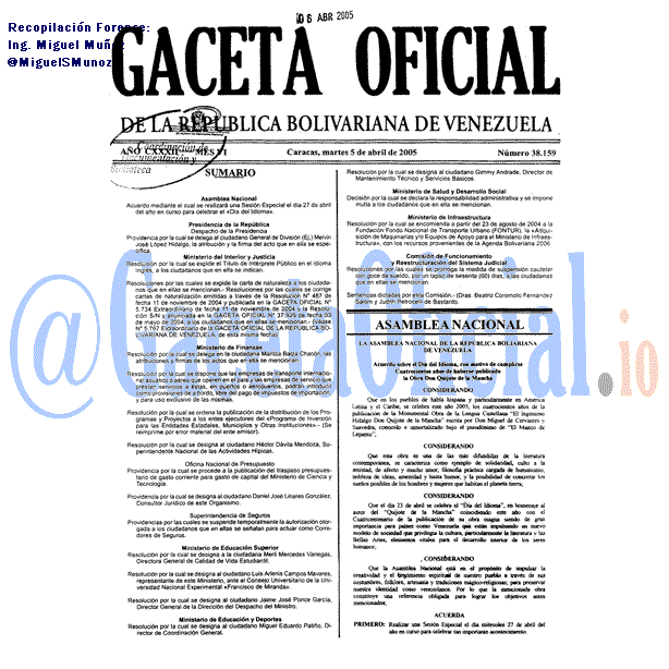 Gaceta Oficial 38159 del 5 Abril 2005