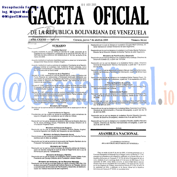 Gaceta Oficial 38161 del 7 Abril 2005