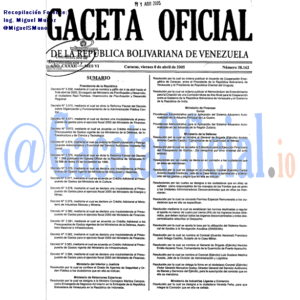 Gaceta Oficial 38162 del 8 Abril 2005
