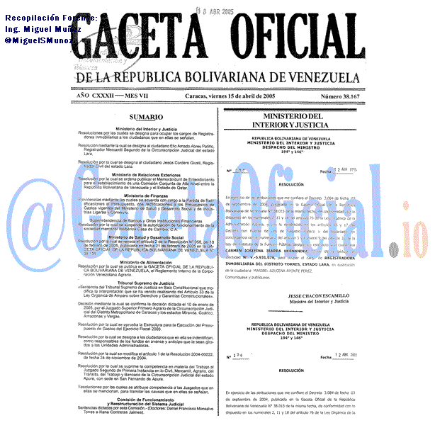 Gaceta Oficial 38167 del 15 Abril 2005