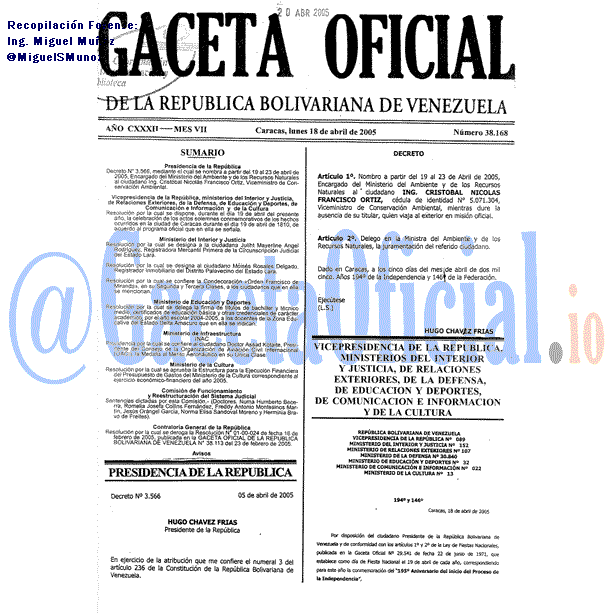 Gaceta Oficial 38168 del 18 Abril 2005