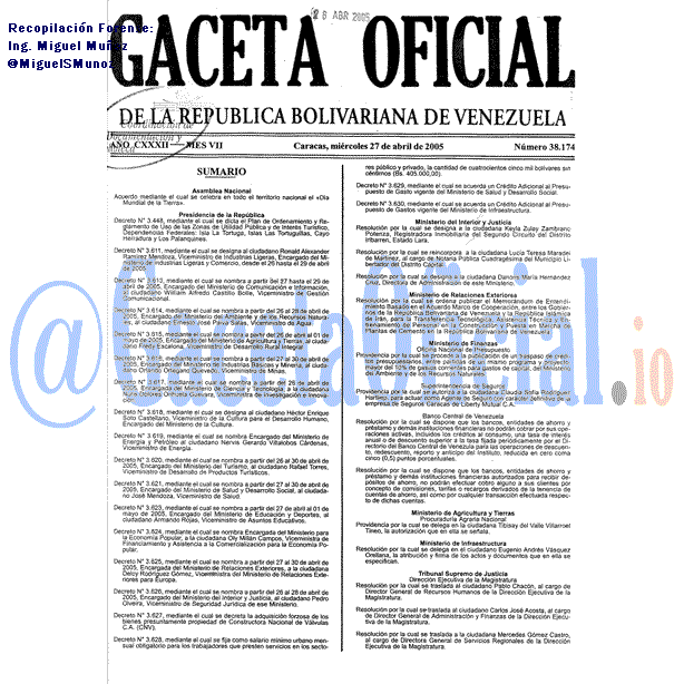 Gaceta Oficial 38174 del 27 Abril 2005