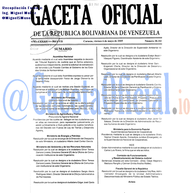 Gaceta Oficial 38181 del 6 Mayo 2005