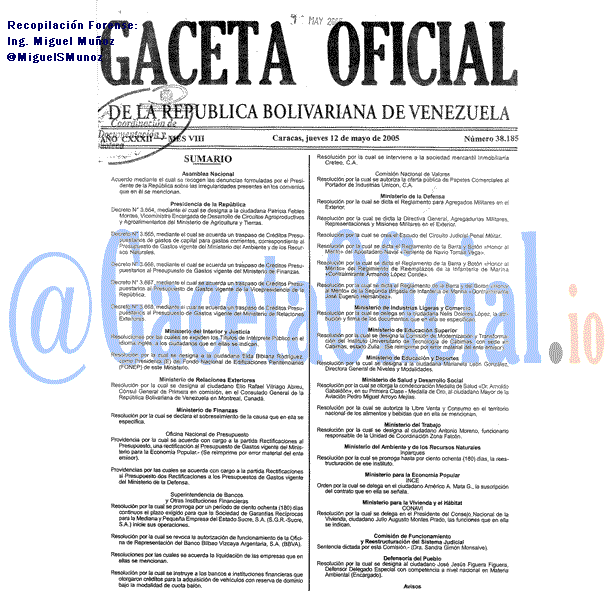 Gaceta Oficial 38185 del 12 Mayo 2005