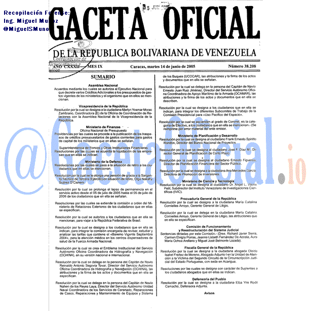 Gaceta Oficial 38208 del 14 Junio 2005
