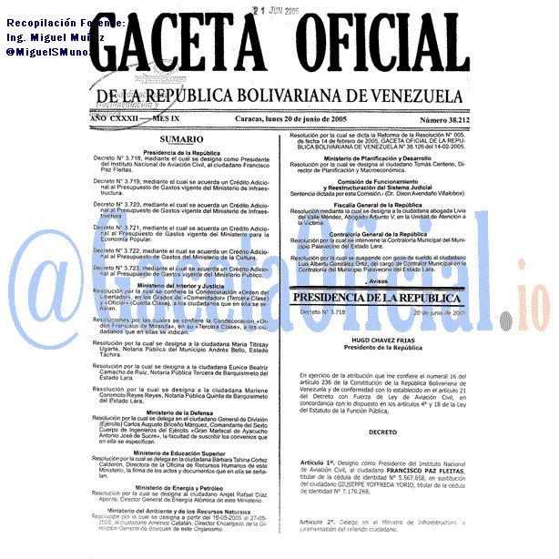 Gaceta Oficial 38212 del 20 Junio 2005