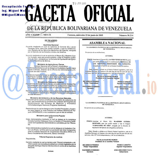 Gaceta Oficial 38214 del 22 Junio 2005