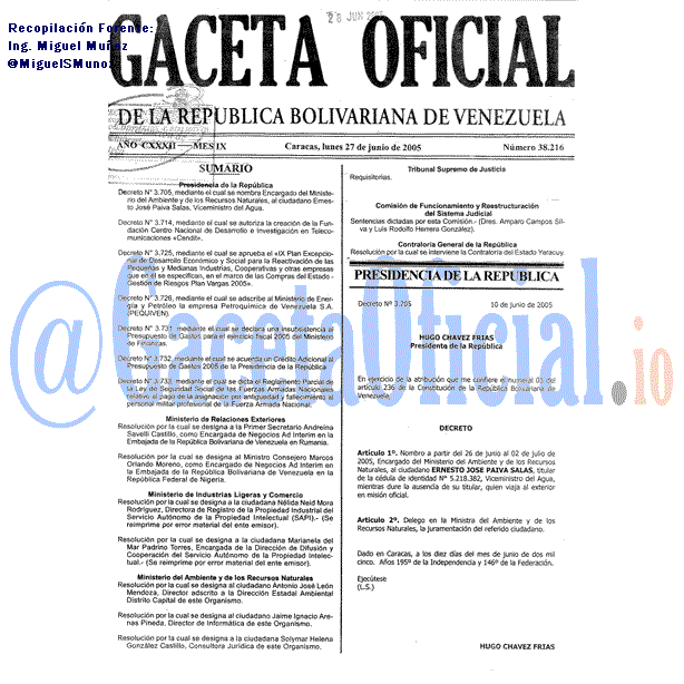 Gaceta Oficial 38216 del 27 Junio 2005