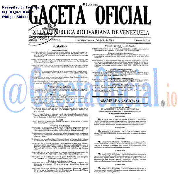 Gaceta Oficial 38220 del 1 Julio 2005
