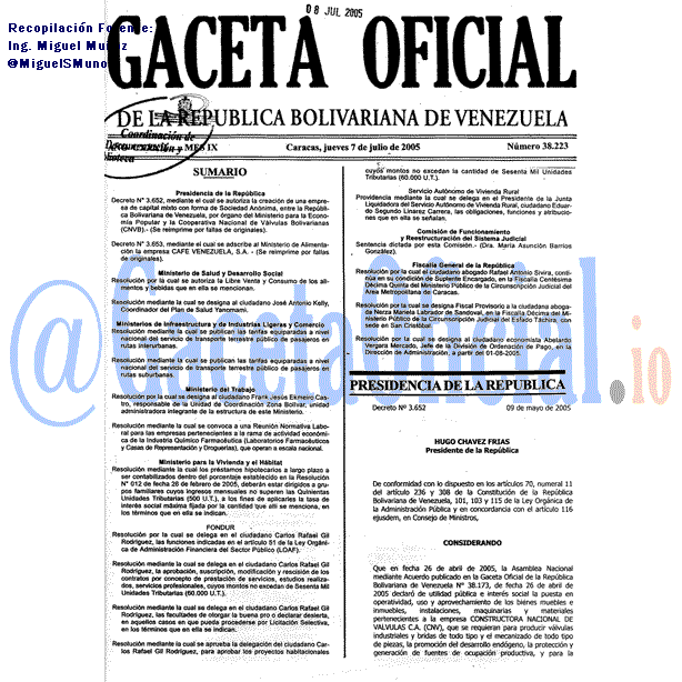 Gaceta Oficial 38223 del 7 Julio 2005