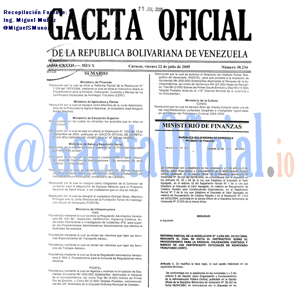 Gaceta Oficial 38234 del 22 Julio 2005